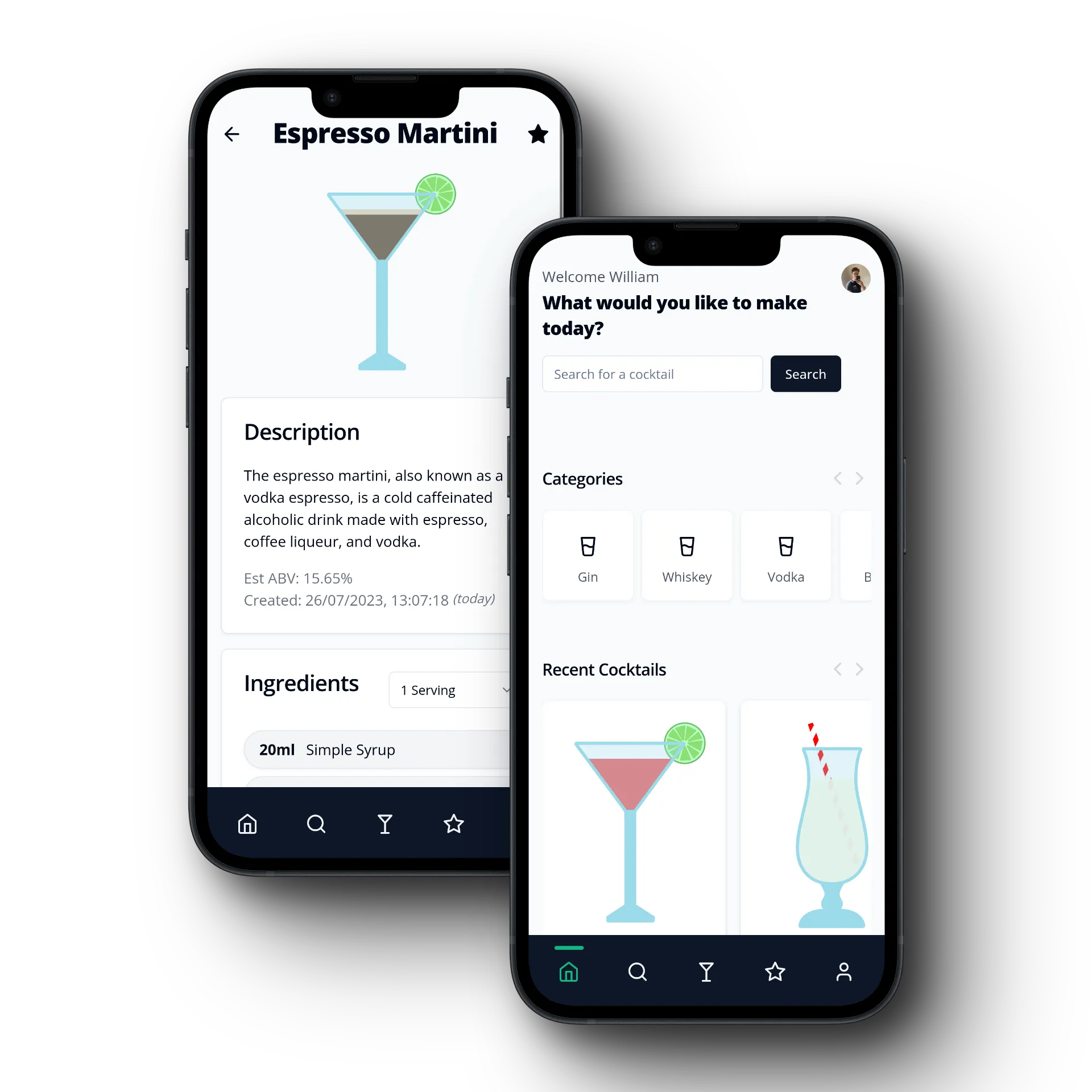 Landing image showing 2 phones with the app open on the dashboard and a cocktail recipe